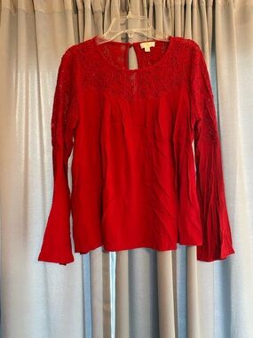 Red Lace Yoke Long-Sleeve Top.